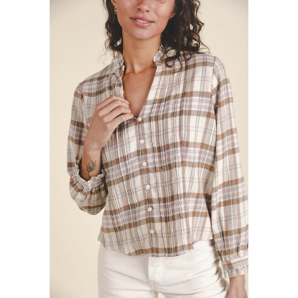 Trovata Birds of Paradise Finley Pintuck Blouse Parchment Plaid Size XS $238